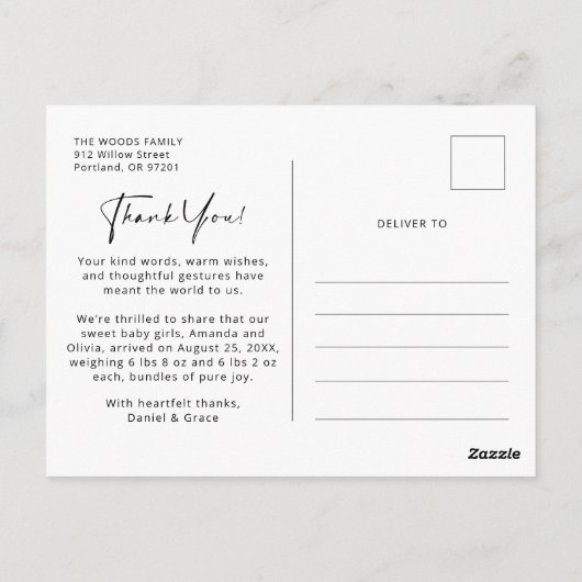 Tweeling Baby Meisje Dank U Verjaardag Postca Briefkaart (Achterkant)