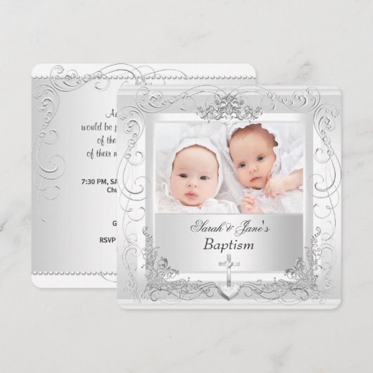 Tweeling Baby Meisje Jongen Doop Doopfeest Wit 2a Kaart (Voorkant / Achterkant)