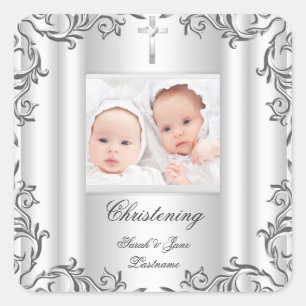 Tweeling Baby Meisje Jongen Doop Doopfeest Wit Vierkante Sticker