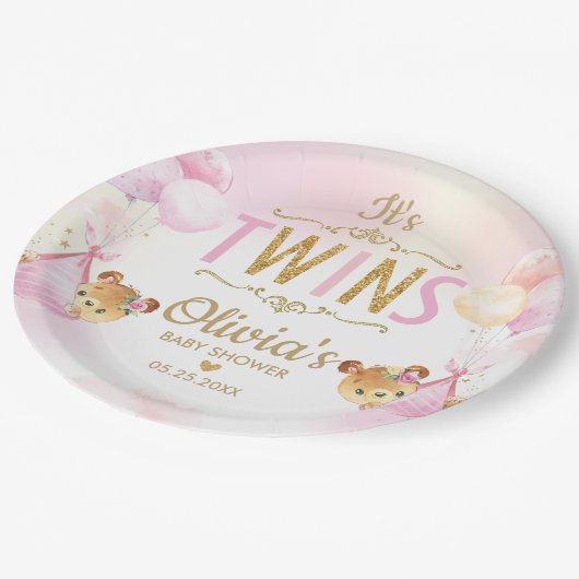 Tweeling Baby Meisjes Schattigee Beren Ballonnen B Papieren Bordje (Gekanteld)
