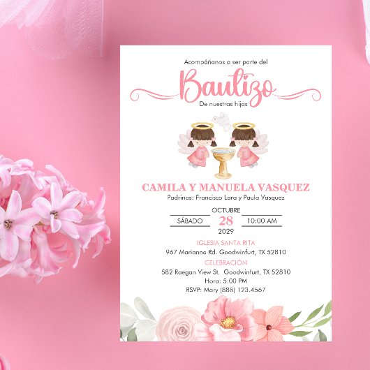 Tweeling Baby Meisjes Uitnodiging Bautizo Bloemen 