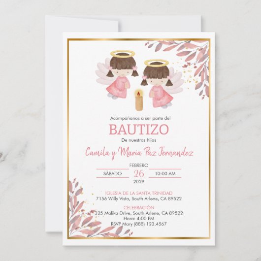 Tweeling Baby Meisjes Uitnodiging Bautizo verlaat  (Voorkant)