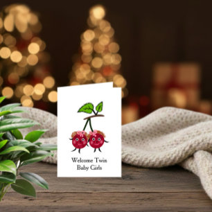 Tweeling Baby Meisjes Welkomstkaart – Zoete Kers T Feestdagen Kaart