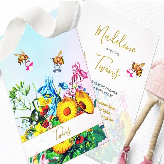 Tweeling Baby shower Blauw Roze Bloemen Honing Bij Kaart