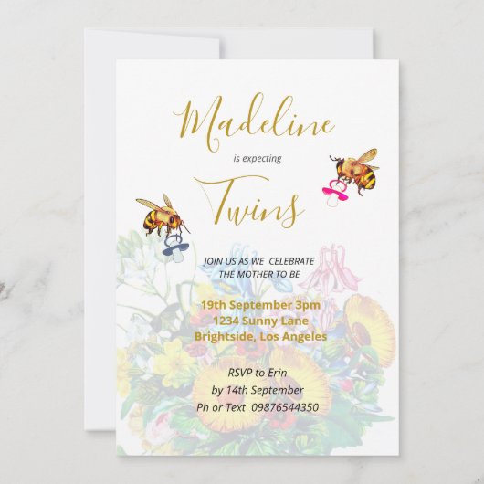 Tweeling Baby shower Blauw Roze Bloemen Honing Bij Kaart (Achterkant)
