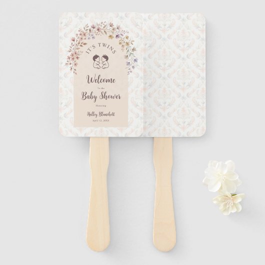 Tweeling Baby Shower Pastel Bloem LPM26 Handwaaier (Voorkant en achterkant)