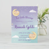 Tweeling baby shower uitnodiging slapende dieren m (Staand voorkant)
