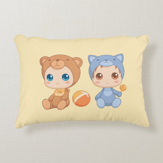 Tweeling babybeerjumpsuit op geel accent kussen (Voorkant)