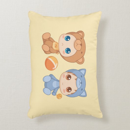 Tweeling babybeerjumpsuit op geel accent kussen (Voorkant(Verticaal))