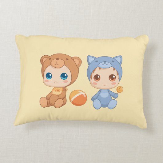 Tweeling babybeerjumpsuit op geel accent kussen (Achterkant)