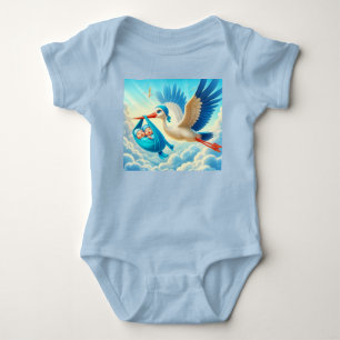 Tweeling babyjongens met ooievaar-thema baby showe romper