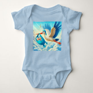 Tweeling babyjongens met ooievaar-thema baby showe romper