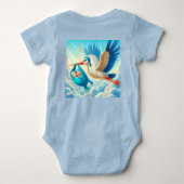 Tweeling babyjongens met ooievaar-thema baby showe romper (Achterkant)