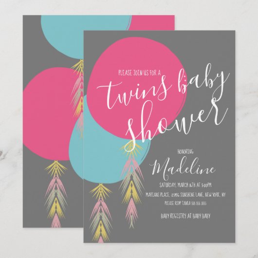 Tweeling babyshower kwast Boho ballon uitnodiging (Voorkant / Achterkant)