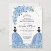 Tweeling Bahama Blauw Bloemen Jurk Zilver Quinceañ Kaart (Voorkant)