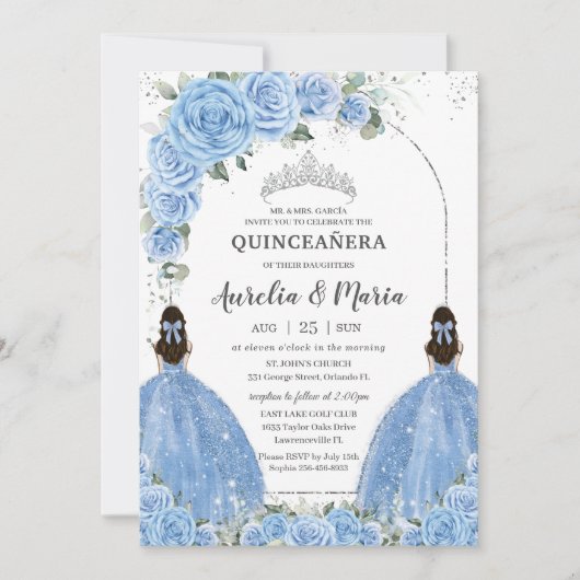 Tweeling Bahama Blauw Bloemen Jurk Zilver Quinceañ Kaart (Voorkant)