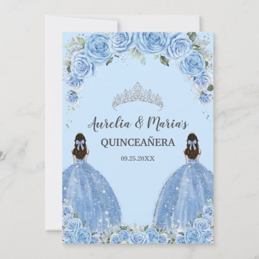 Tweeling Bahama Blauw Bloemen Jurk Zilver Quinceañ Kaart (Achterkant)