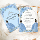 Tweeling Bahama Blauw Bloemen Jurk Zilver Quinceañ Kaart