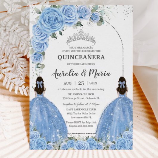 Tweeling Bahama Blauw Bloemen Jurk Zilver Quinceañ Kaart