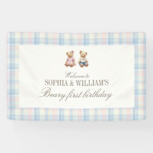 Tweeling Beary Eerste Teddybeer Verjaardagsbanner Spandoek