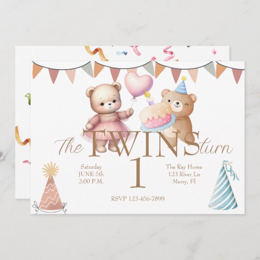 Tweeling Beer-y Eerste Verjaardag Kaart (Voorkant / Achterkant)