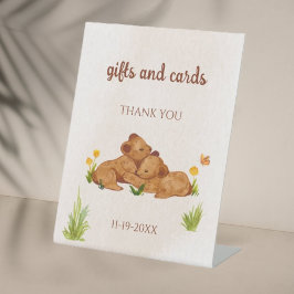 Tweeling beren genderneutraal baby shower reclamebord met voetstuk