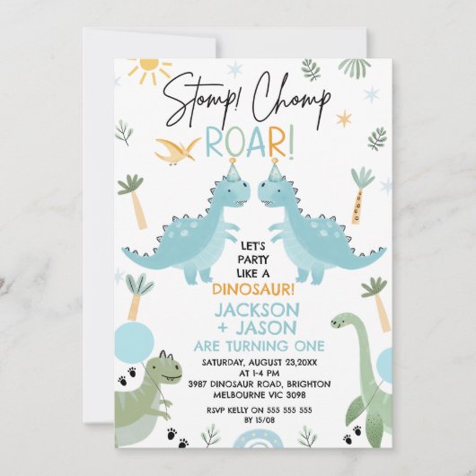 Tweeling Blauw Groen Feest Als Een Dinosaurus Verj Kaart (Voorkant)