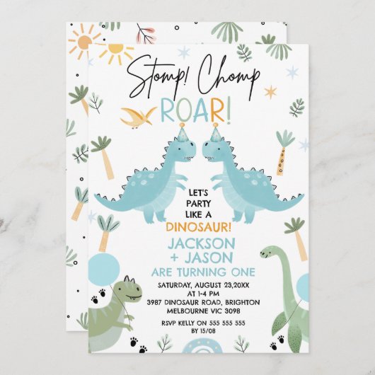 Tweeling Blauw Groen Feest Als Een Dinosaurus Verj Kaart (Voorkant / Achterkant)