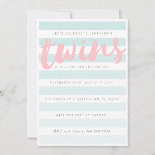Tweeling Blauw Roze Gestreept Baby shower Uitnodig Kaart (Voorkant)