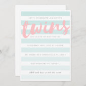 Tweeling Blauw Roze Gestreept Baby shower Uitnodig Kaart (Voorkant / Achterkant)