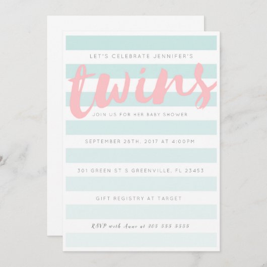 Tweeling Blauw Roze Gestreept Baby shower Uitnodig Kaart (Voorkant / Achterkant)