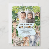 Tweeling blauw wild een, safari 1e verjaardag foto kaart (Voorkant)