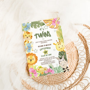 Tweeling Boho Safari Dieren Baby Shower Kaart