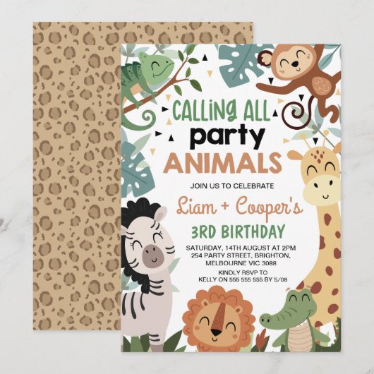 Tweeling Bruin Groen Bellen Party Dieren Verjaarda Kaart (Voorkant / Achterkant)