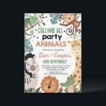 Tweeling Bruin Groen Bellen Party Dieren Verjaarda Kaart<br><div class="desc">Twins Brown Green Calling All Party Animals Verjaardagsuitnodiging Schattigee twin boys safari of wild thema elke leeftijd verjaardagsuitnodiging met zes oerwoud dieren. De achterkant van de uitnodiging is voorzien van een cheetah print patroon.</div>