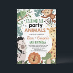 Tweeling Bruin Groen Bellen Party Dieren Verjaarda Kaart<br><div class="desc">Twins Brown Green Calling All Party Animals Verjaardagsuitnodiging Schattigee twin boys safari of wild thema elke leeftijd verjaardagsuitnodiging met zes oerwoud dieren. De achterkant van de uitnodiging is voorzien van een cheetah print patroon.</div>