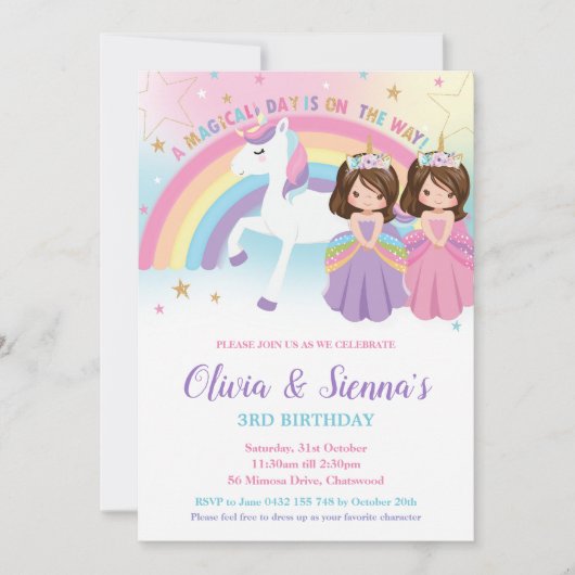Tweeling Bruine Prinsessen en Eenhoorn Verjaardag Kaart (Voorkant)