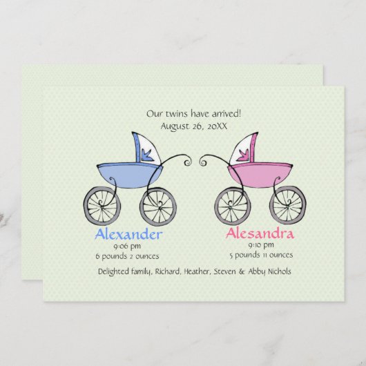 Tweeling Carriages Baby geboorteaankondiging Aankondiging (Voorkant / Achterkant)