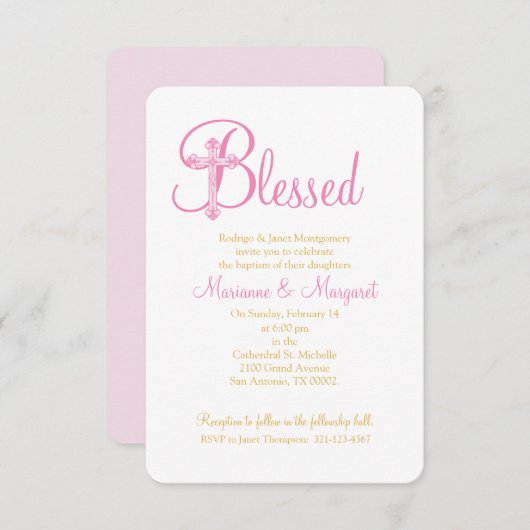 tweeling CHRISTENING of roze goudkruisje BAPTISM Kaart (Voorkant / Achterkant)