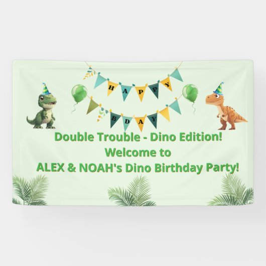 Tweeling Dinosaurus Verjaardagsbanner | Dubbele Pr Spandoek (Horizontaal)