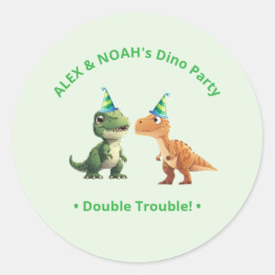 Tweeling Dinosaurus Verjaardagssticker Dubbele Pro Ronde Sticker