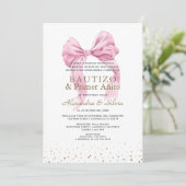 Tweeling Dochters Roze Lus Eerste Verjaardag Doop Kaart (Staand voorkant)