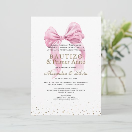 Tweeling Dochters Roze Lus Eerste Verjaardag Doop Kaart (Staand voorkant)