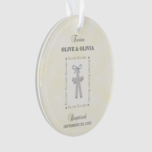 Tweeling Doop op Geel 2 Kruizen Gepersonaliseerd Ornament (voorkant)
