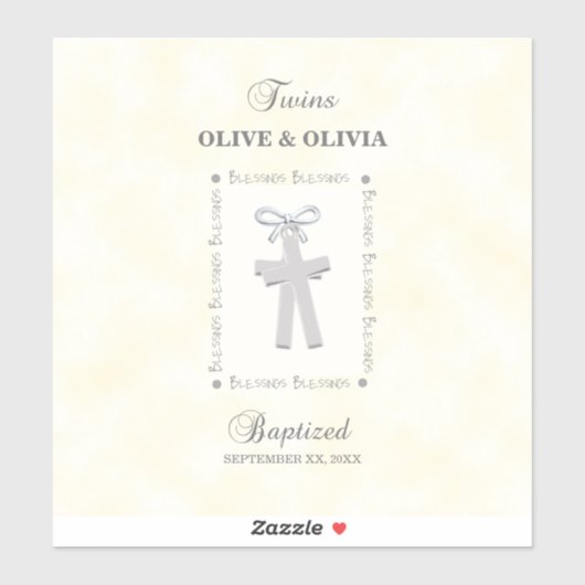 Tweeling Doop op Geel 2 Kruizen Gepersonaliseerd Sticker (Vel)