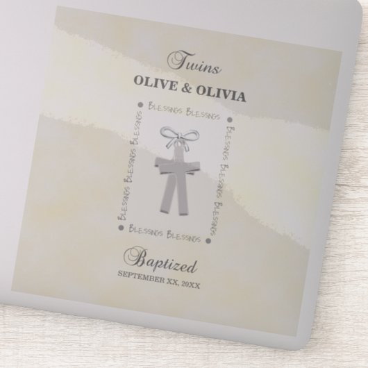 Tweeling Doop op Geel 2 Kruizen Gepersonaliseerd Sticker (Detail)