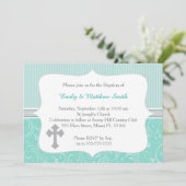 Tweeling Doop Uitnodiging Kruis Turquoise (Staand voorkant)