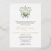 Tweeling Doop Uitnodigingen Sage Green Crest (Voorkant)