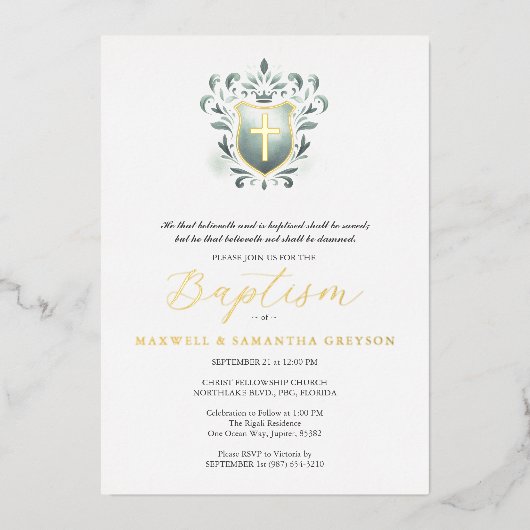 Tweeling Doop Uitnodigingen Sage Green Crest (Voorkant)