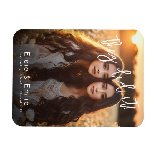 Tweeling Dubbel Afstuderen Foto Aankondiging Magneet (Horizontaal)